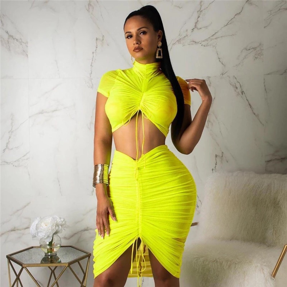Neon Lime green slime bodycon crop top skirt set